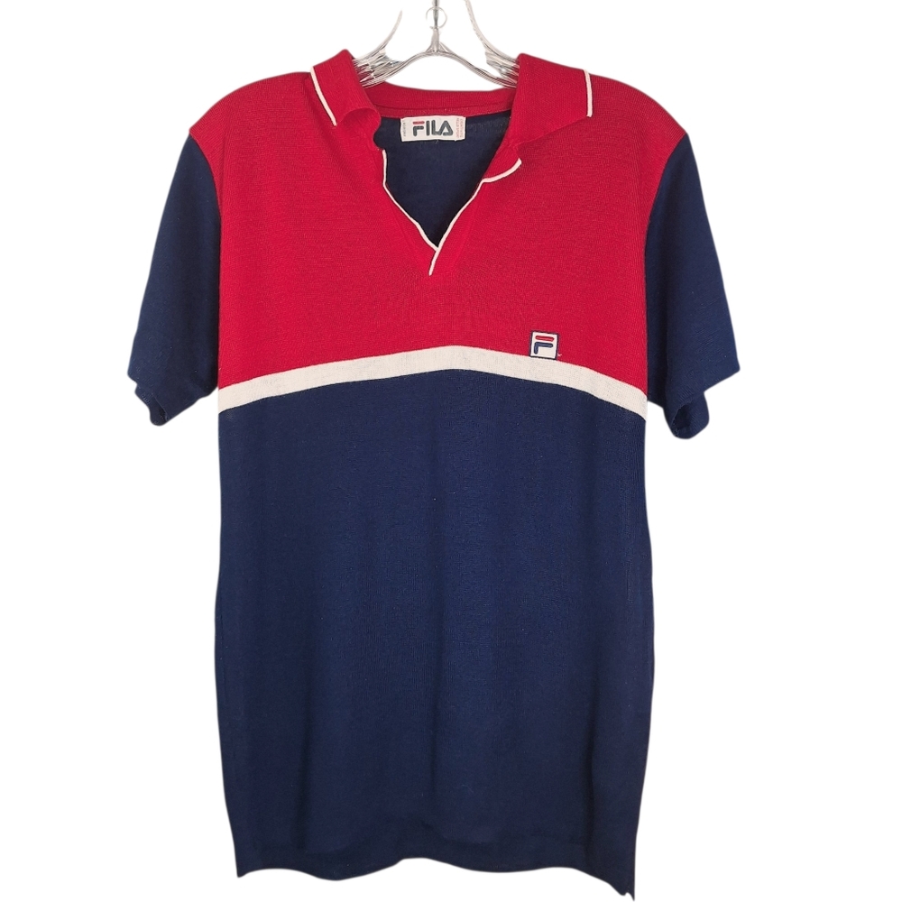 Vintage 70s Fila Polo Sweater Shirt Mens Medium Tennis Preppy Red White Blue